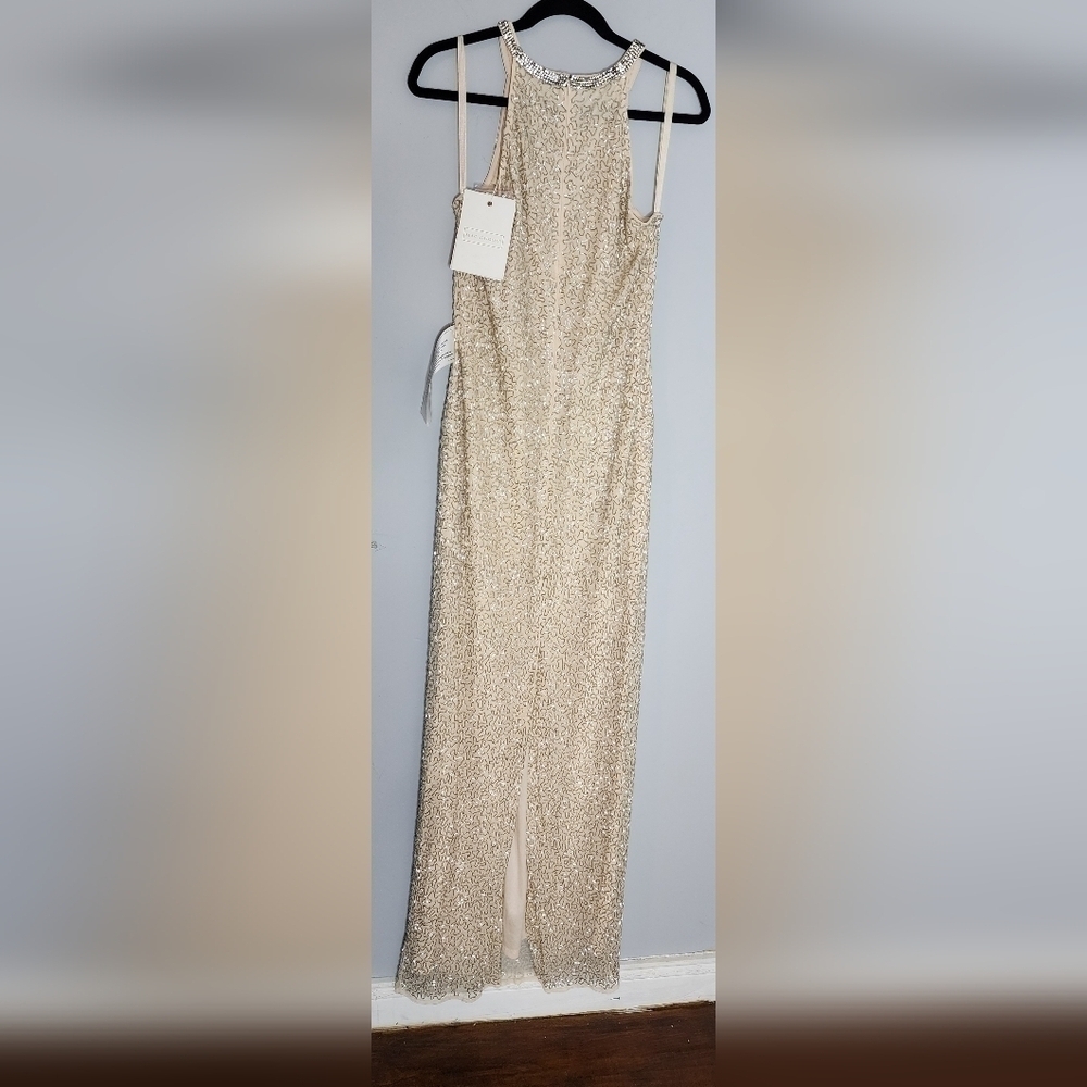 Mac Duggal BEADED SLEEVELESS HIGH NECK COLUMN GOWN size 10  Nude Silver - Picture 4 of 15
